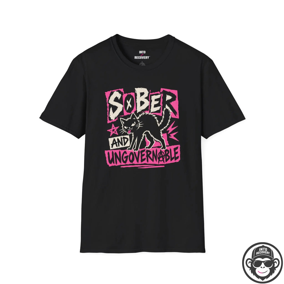 Sober and Ungovernable Cat Punk Recovery T‑Shirt Printify