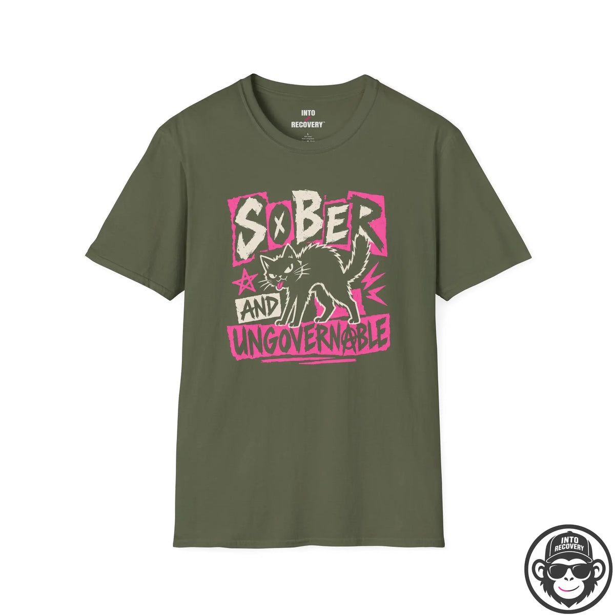 Sober and Ungovernable Cat Punk Recovery T‑Shirt Printify