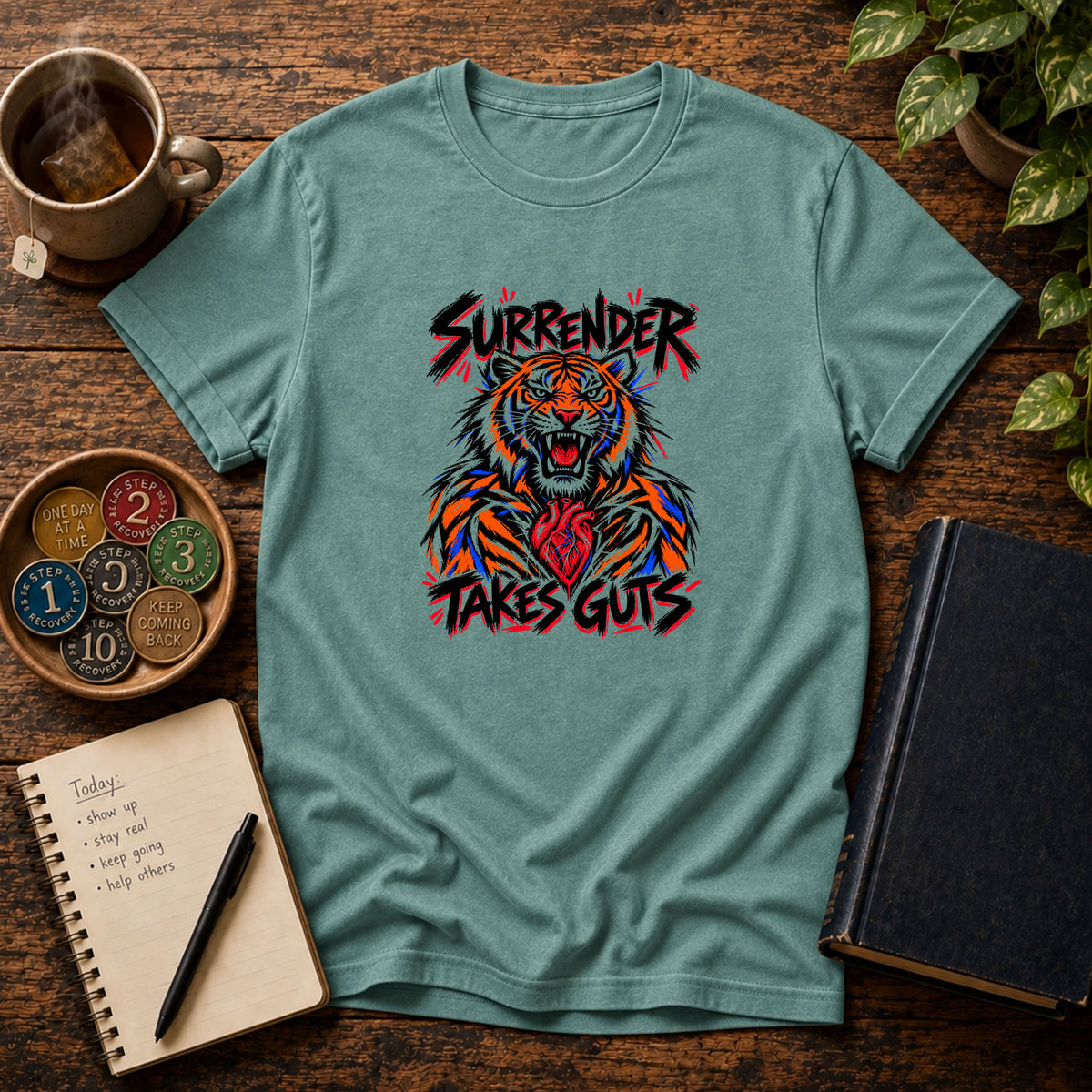 Surrender Takes Guts (Tiger) 12-Step Recovery T-Shirt