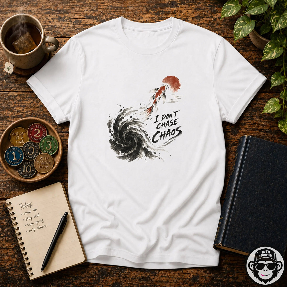 I Don't Chase Chaos T-shirt — Koi Wave Zen Graphic Tee Into Recovery