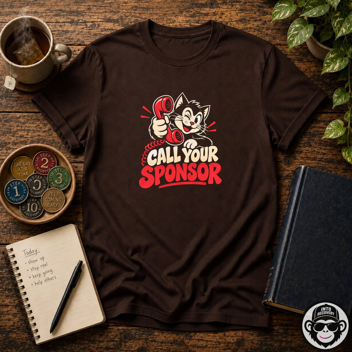 Call Your Sponsor Cat Recovery T-Shirt Into Recovery