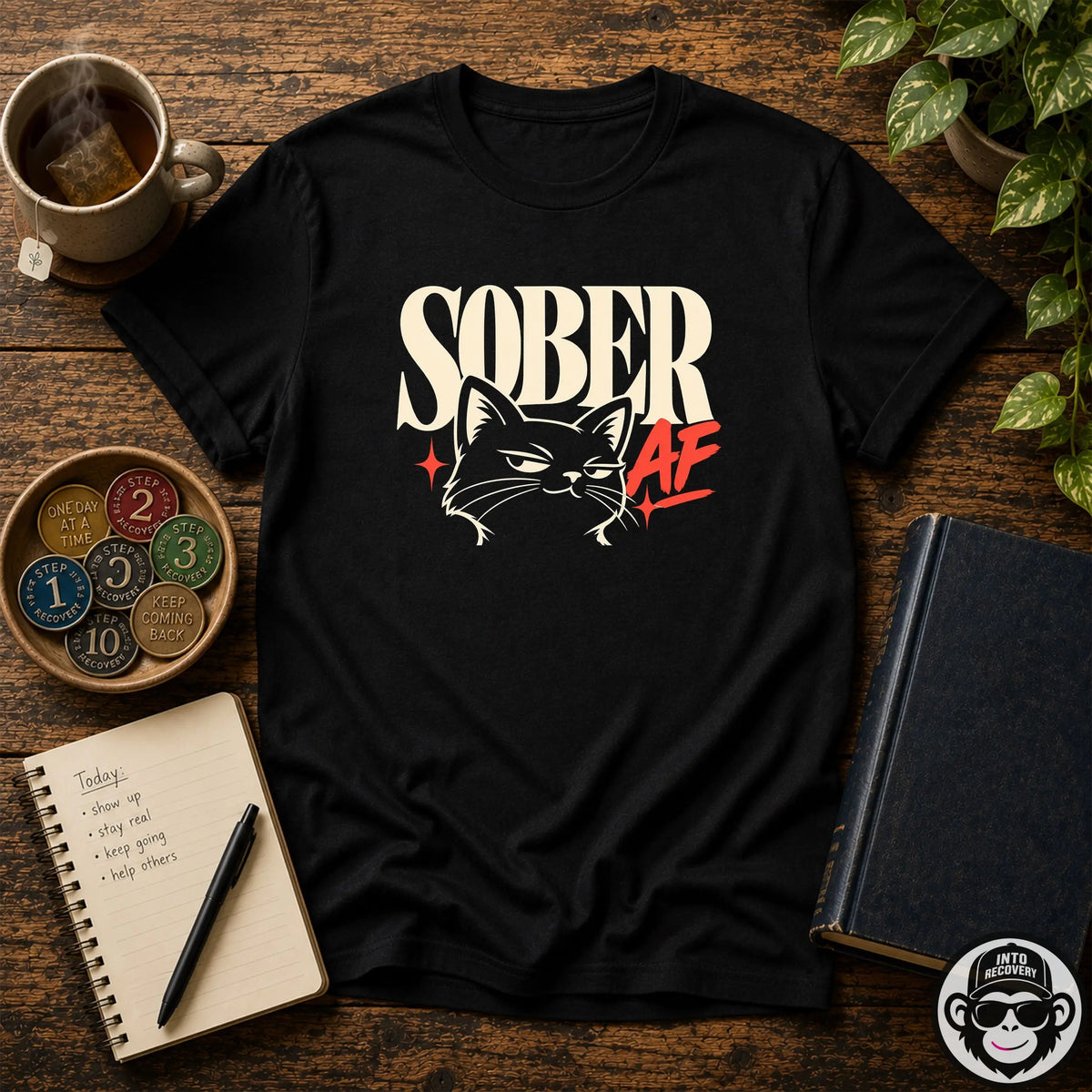 Sober AF With Catitude Recovery T-Shirt Into Recovery