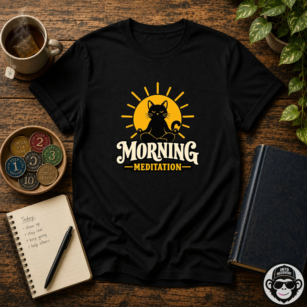 Morning Meditation w/ Cat Recovery T-Shirt - Cat Into Recovery
