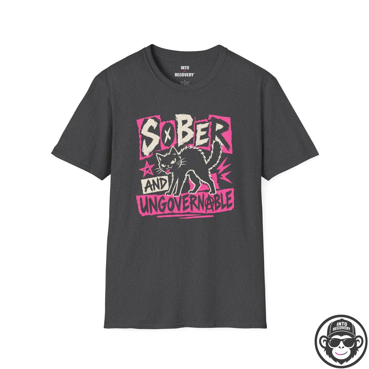 Sober and Ungovernable Cat Punk Recovery T‑Shirt Printify