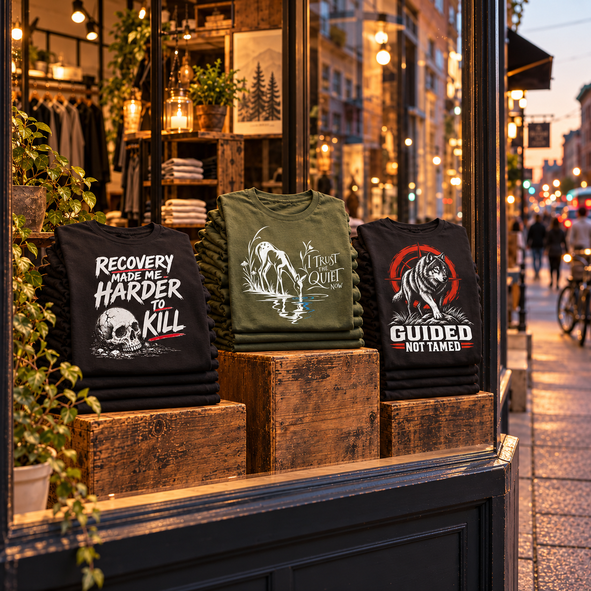 Three stacks of Into Recovery tees in a warm storefront window, with pedestrians and city traffic softly blurred outside