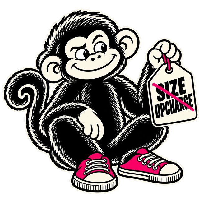 A smiling Into Recovery monkey holding a crossed-out size upcharge tag.